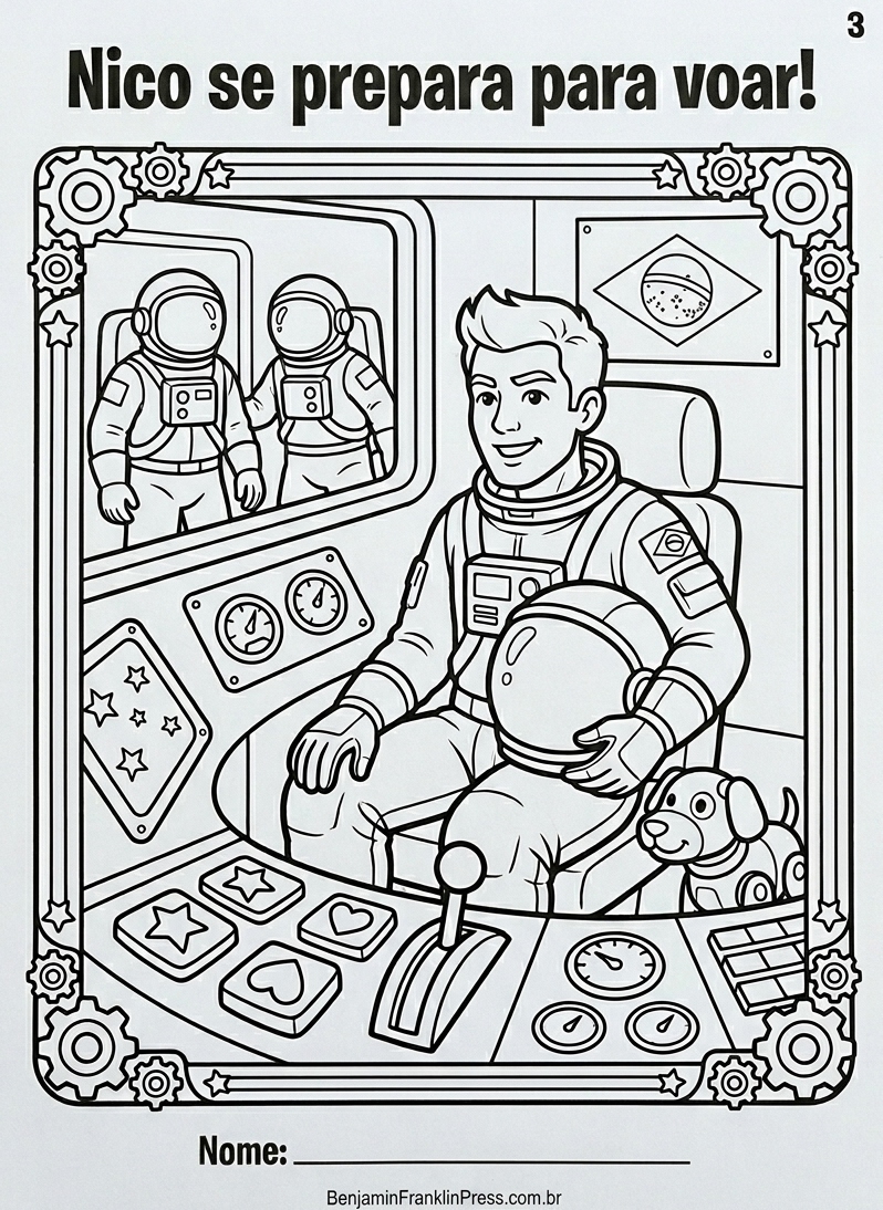 Desenho infantil de astronauta para colorir com o menino Nico dentro de uma cápsula de treinamento espacial, painel de controle com botões grandes e bandeira do Brasil ao fundo — para imprimir e colorir