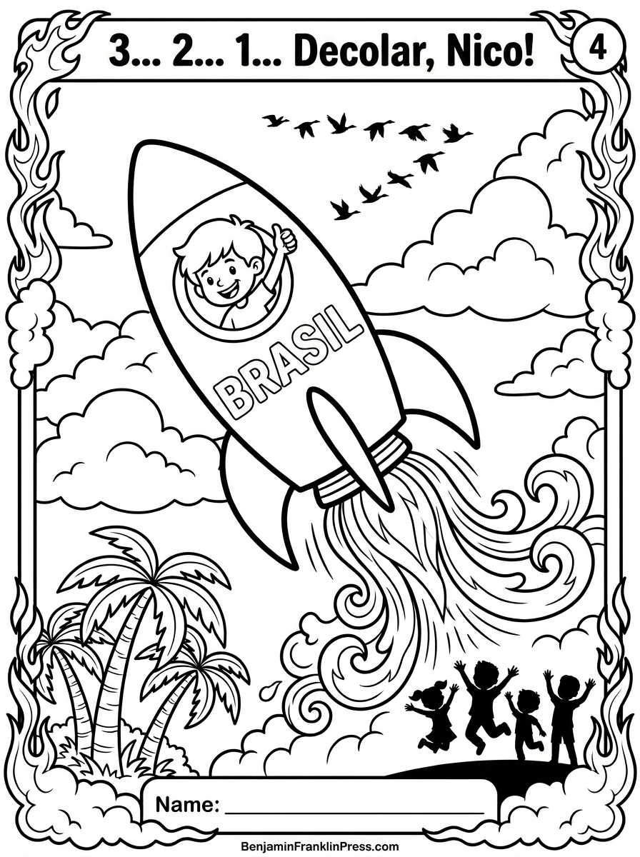 Desenho de astronauta para colorir com foguete brasileiro decolando em perspectiva de baixo para cima, chamas decorativas na base, Nico visível pela janela com polegar levantado e crianças comemorando no rodapé — imprimir grátis