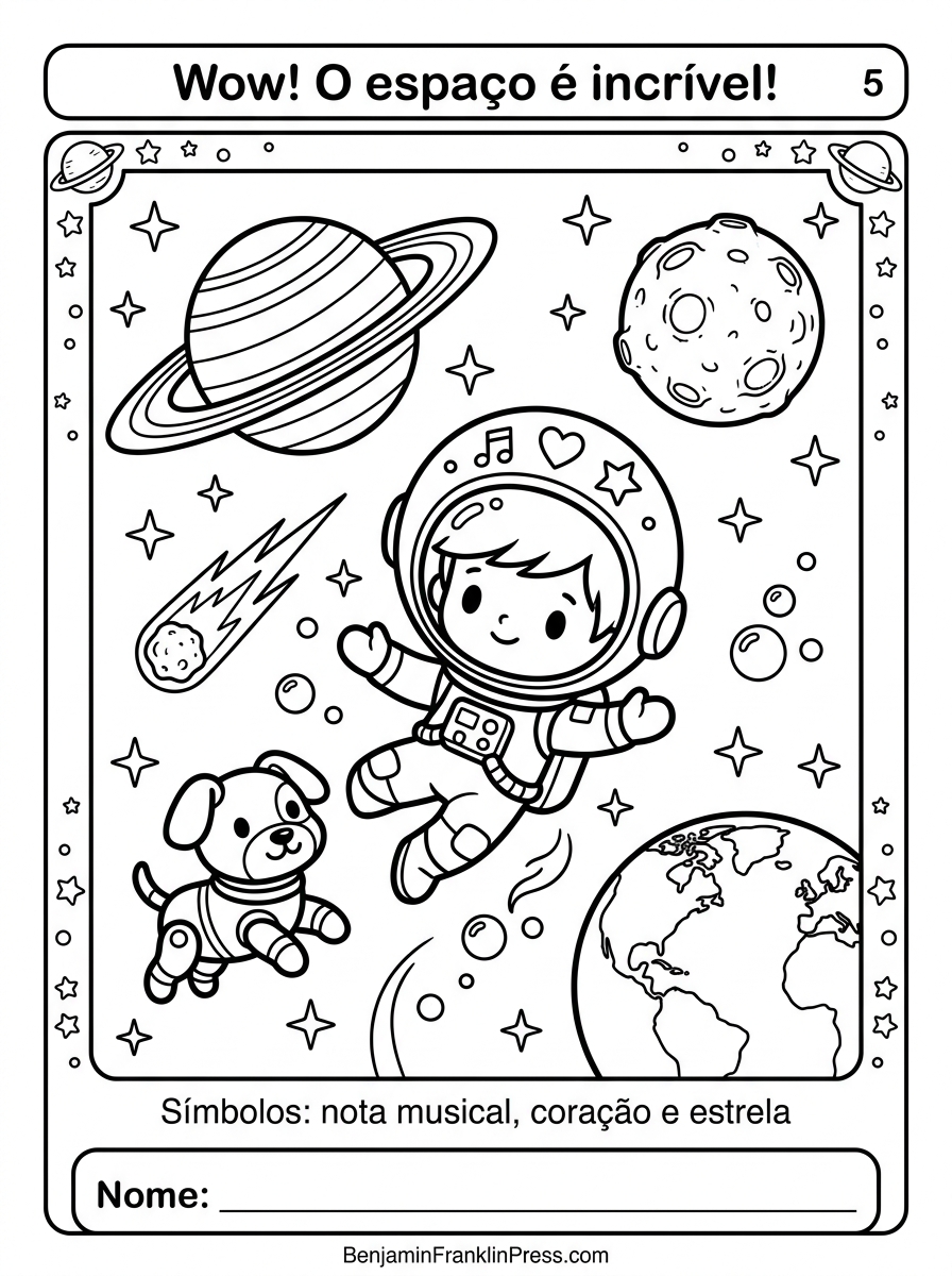 Folha para colorir de astronauta no espaço sideral mostrando Nico flutuando em microgravidade com traje espacial completo, cachorrinho robótico ao lado, planetas, estrelas, cometa e a Terra ao fundo com o Brasil visível — desenho infantil detalhado para imprimir