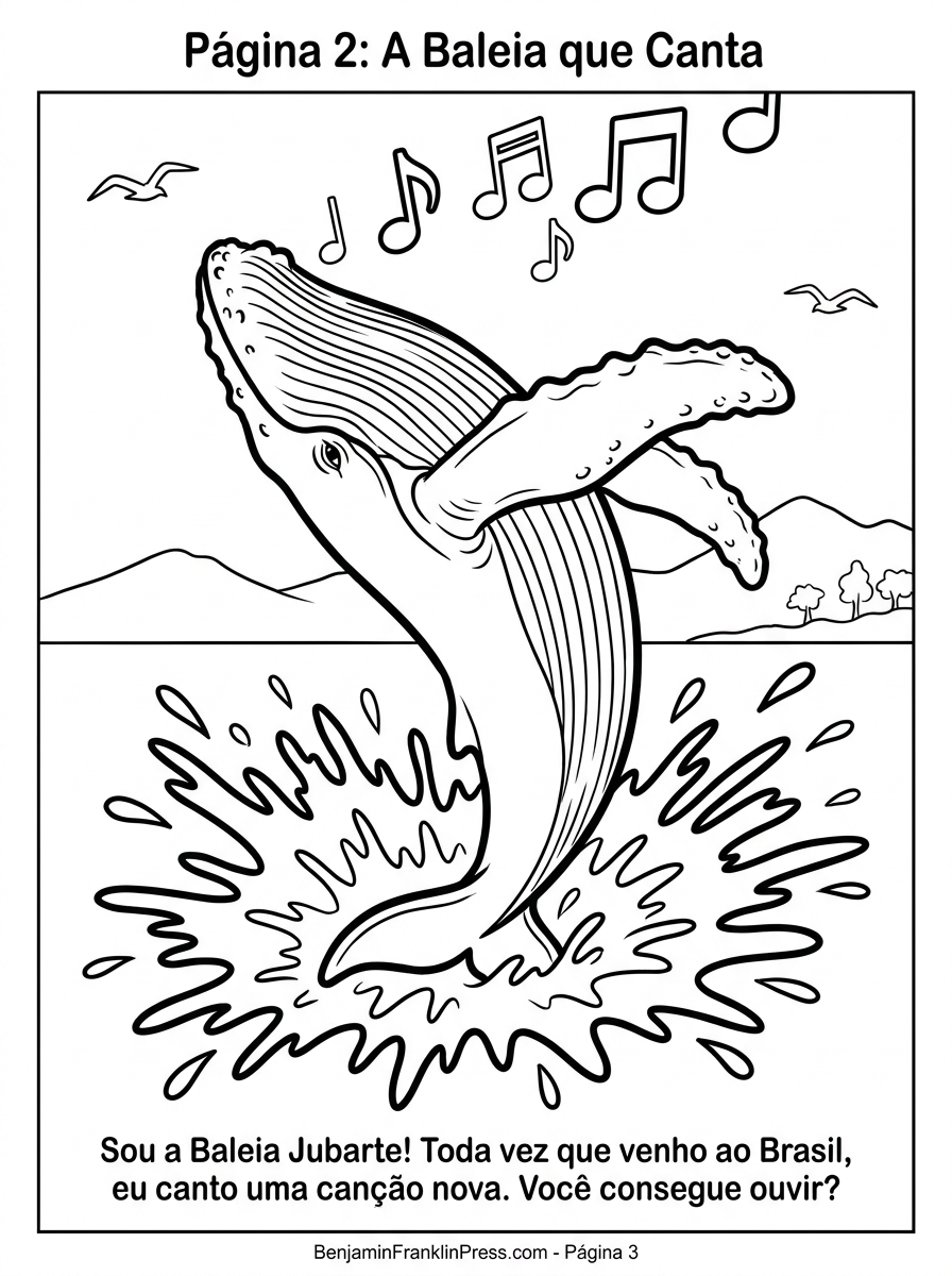 Desenho para colorir de baleia-jubarte saltando do oceano com notas musicais, ilustração infantil em preto e branco com respingos de água