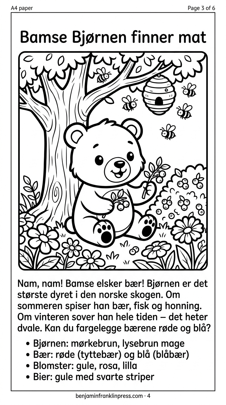 Konтурtegning av en stor, vennlig norsk bjørn som sitter ved foten av et gammelt tre og spiser bær fra en busk. Han holder en bærgren forsiktig i labben. Bier flyr rundt et bikubeimbi høyt oppe i treet, og ville blomster dekker skogbunnen rundt ham. Bjørnen har et rolig og fornøyd uttrykk. Bildet er i svart-hvitt og laget for fargelegging for barn.