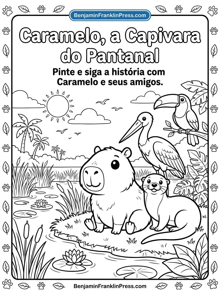 Desenho de capivara para colorir mostrando Caramelo acordando com um bocejo às margens do rio do Pantanal, com vitórias-régias flutuando e sol nascente ao fundo.