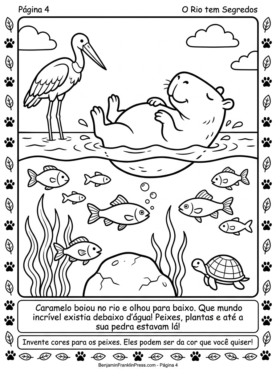 Desenho de capivara para colorir com página dividida em dois mundos: Caramelo boiando de costas acima da água e peixes, tartaruga e plantas aquáticas abaixo da superfície do rio.