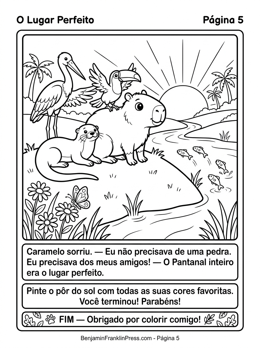 Caramelo e todos os amigos reunidos numa colina ao pôr do sol do Pantanal, com peixes saltando no rio ao fundo e flores na foreground.