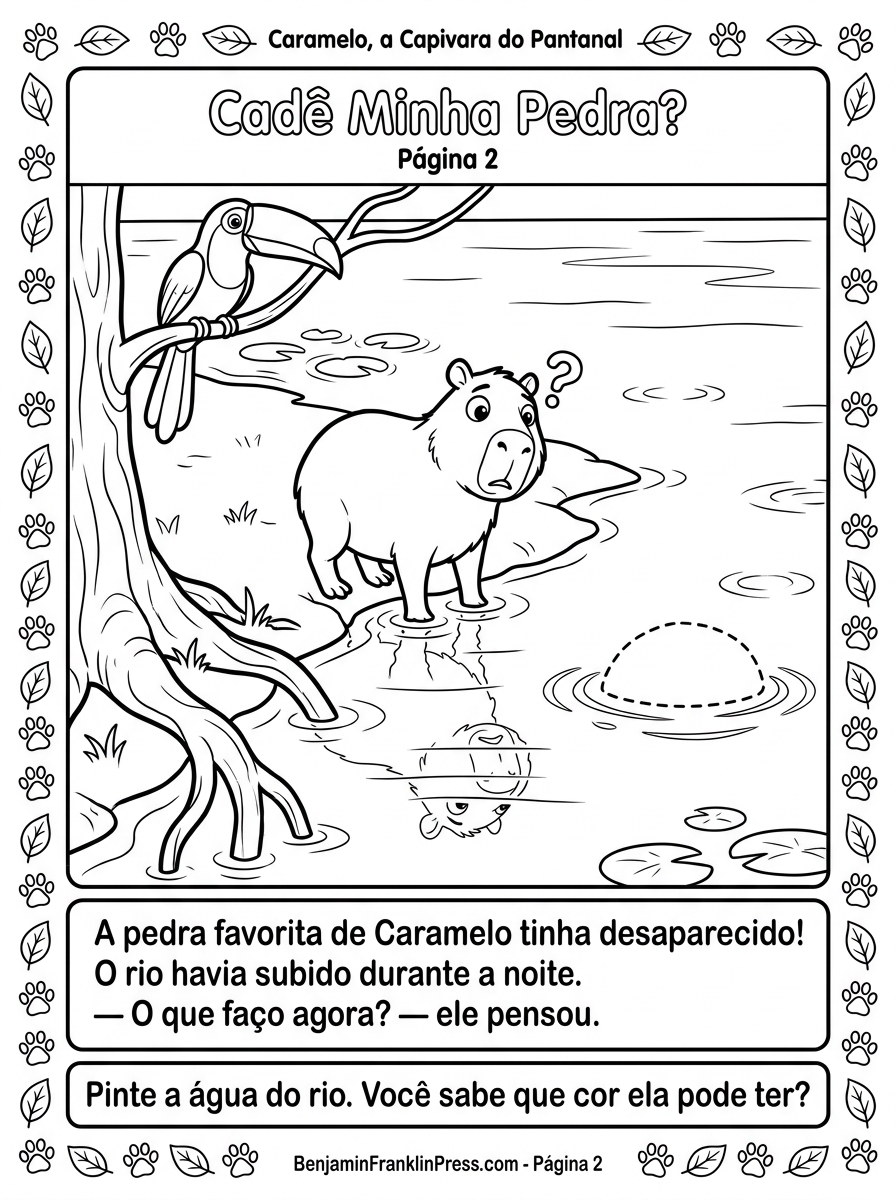 Desenho de capivara para colorir com Caramelo confuso na beira do rio olhando seu próprio reflexo na água, e um Tucano observando de um galho acima.