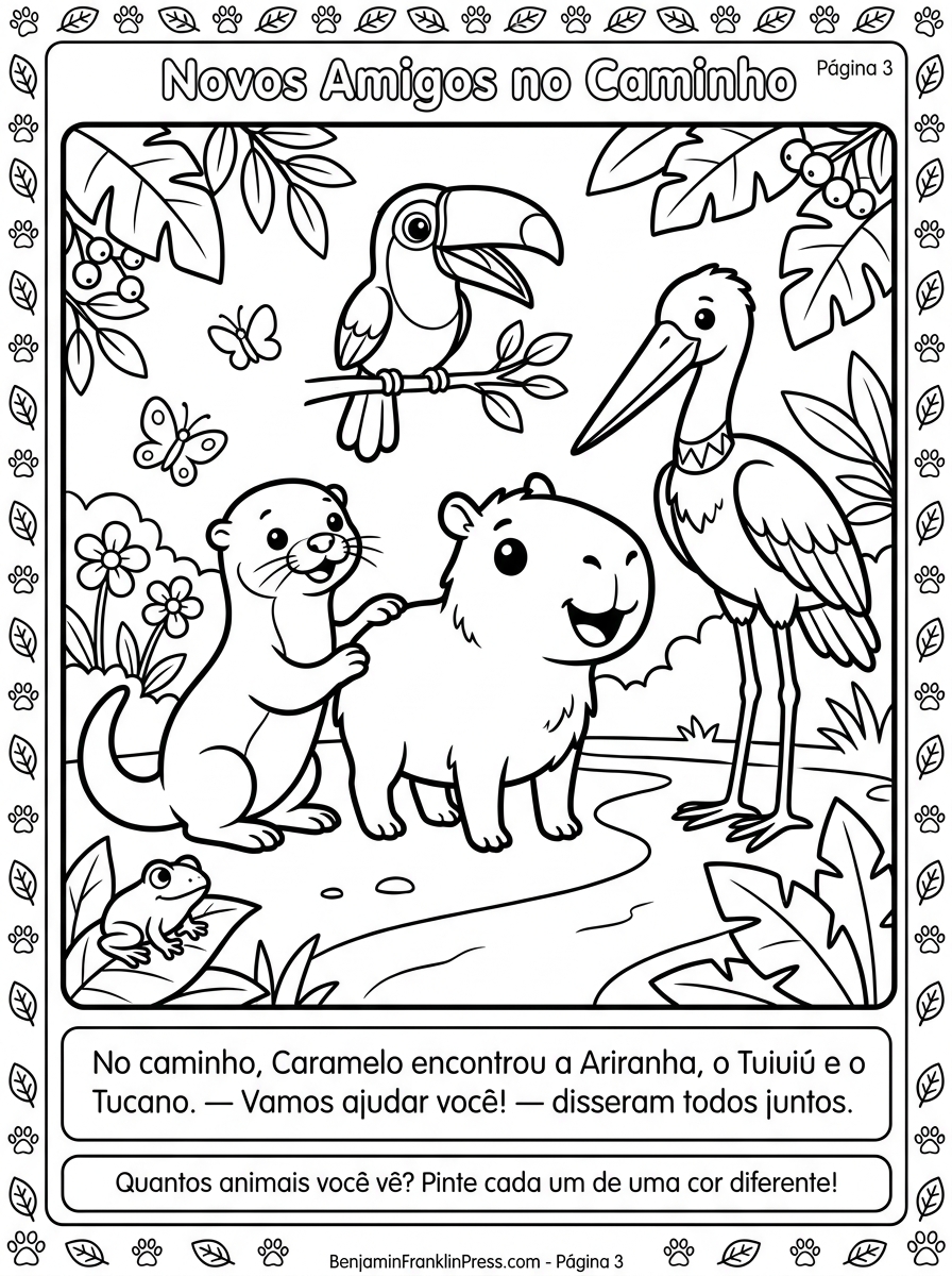 Desenho de capivara para colorir com Caramelo rodeado pela Ariranha, o Tuiuiú e o Tucano em meio à vegetação do Pantanal, com borboletas e uma rã ao fundo.