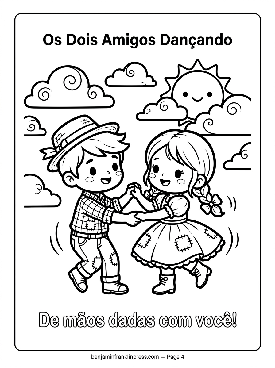 Desenho de dois amigos dançando quadrilha junina para colorir, um menino e uma menina de mãos dadas com pés levantados e sorrisos, com nuvens e sol no fundo, fácil para crianças colorir