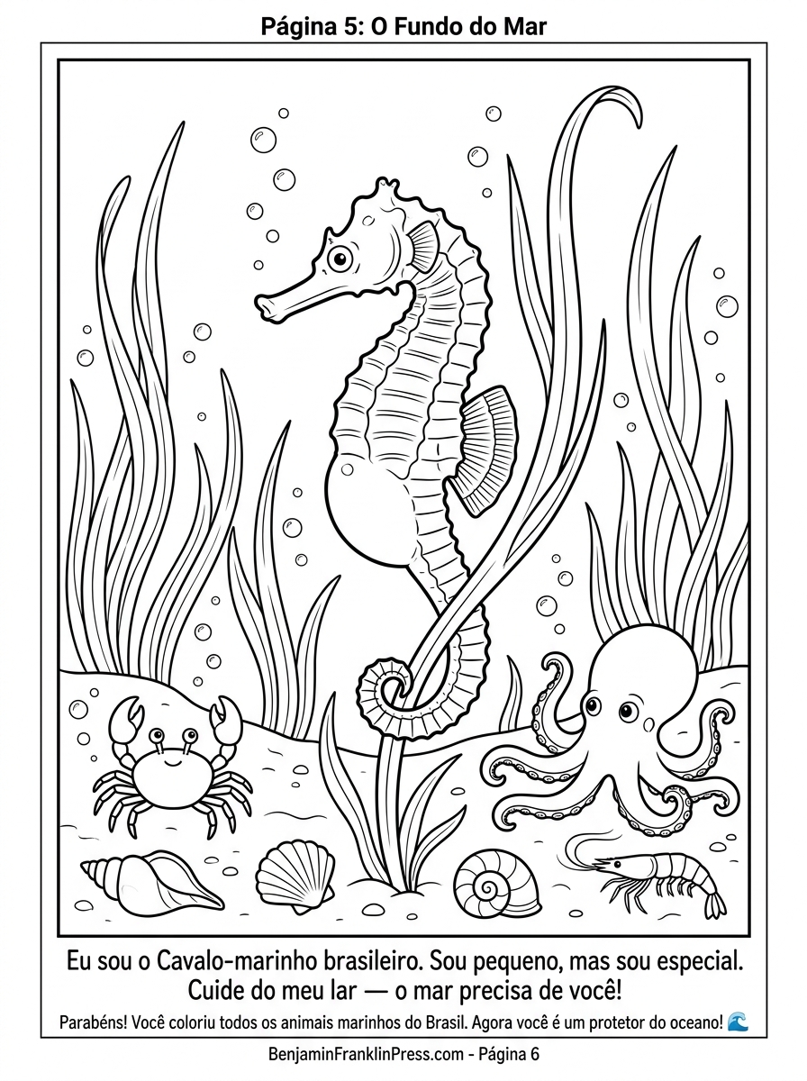 Página para colorir com cavalo-marinho brasileiro entre algas marinhas, caranguejo, polvo e conchas no fundo do oceano, ilustração infantil em preto e branco
