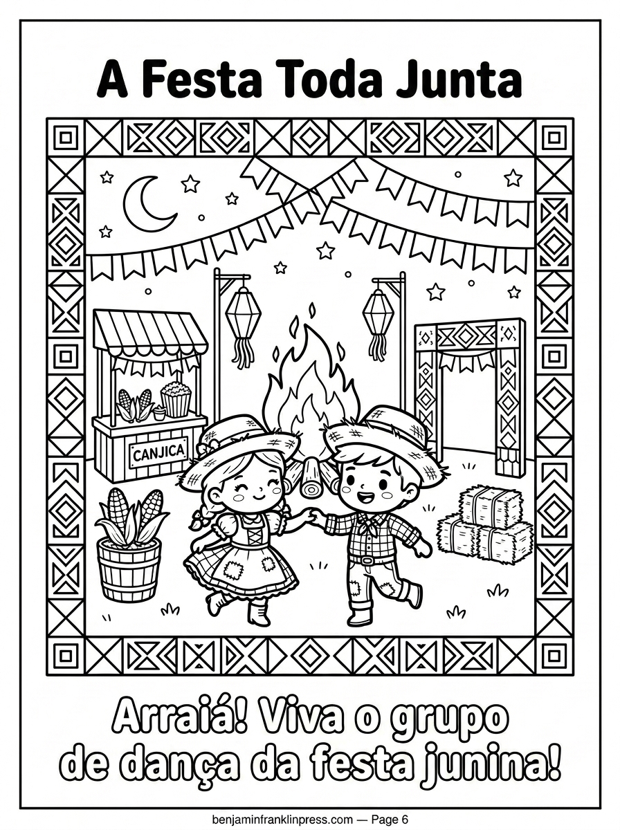 Desenho completo de festa junina para colorir com casal de quadrilha, fogueira com chamas, bandeirinhas, sanfona, espiga de milho e lua sorridente, cena junina completa para crianças imprimir e colorir