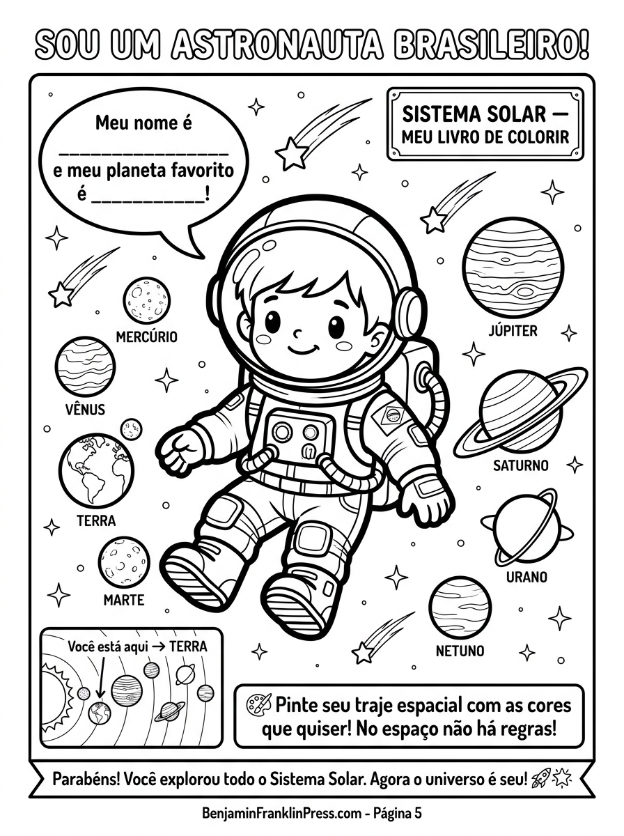 Desenho de astronauta criança para colorir flutuando no espaço com traje espacial, Bandeira do Brasil na manga e todos os planetas do sistema solar ao redor, com espaço para a criança escrever o próprio nome e escolher seu planeta favorito.