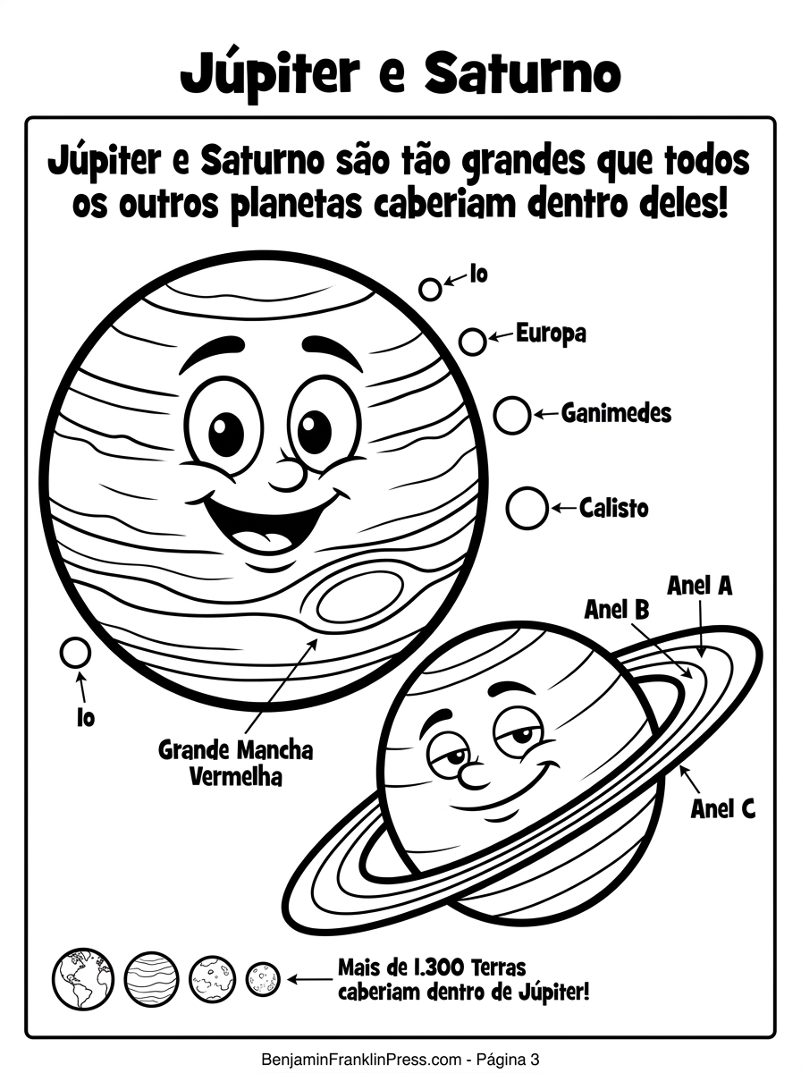 Desenhos de Júpiter e Saturno para colorir, com a Grande Mancha Vermelha em espiral, faixas horizontais detalhadas, anéis de Saturno em três camadas e os quatro maiores satélites de Júpiter etiquetados, para crianças de 6 a 8 anos.