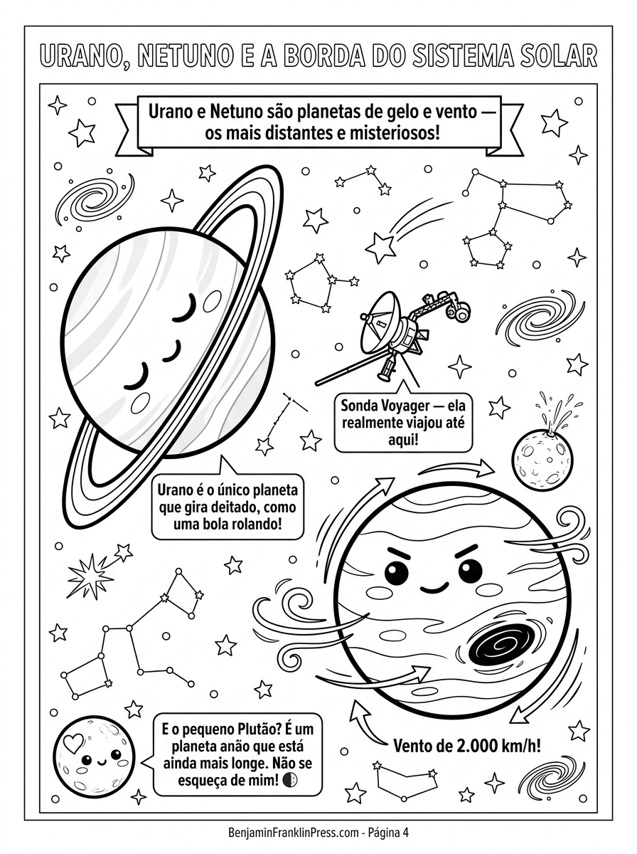 Desenhos de Urano e Netuno para colorir com fundo estrelado, anéis verticais de Urano, espiral da Grande Mancha Escura de Netuno, sonda Voyager e o pequeno Plutão com coração na superfície, para crianças explorarem os planetas mais distantes do sistema solar.