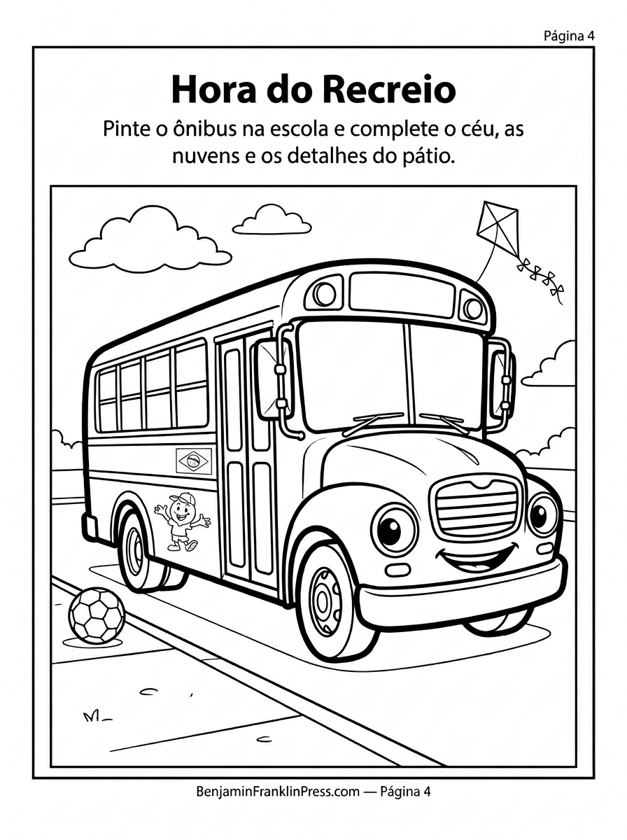 Desenho de ônibus escolar para colorir, ônibus parado no pátio da escola durante o recreio, página com espaço para detalhes decorativos 