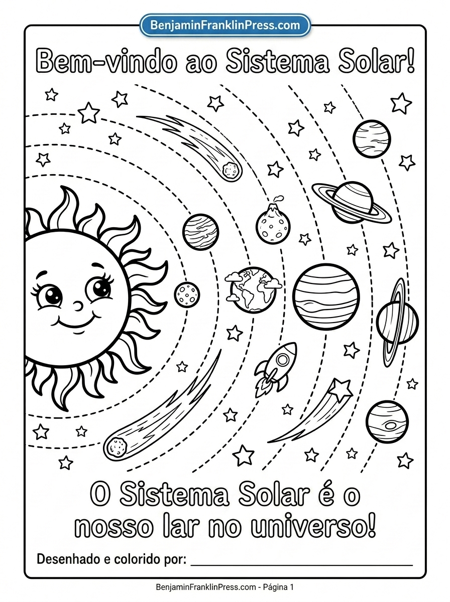 Desenho dos planetas do sistema solar para colorir com o Sol sorridente no centro e oito planetas em órbitas tracejadas ao redor, rodeados de estrelas e cometas, ideal para crianças de 4 a 8 anos.