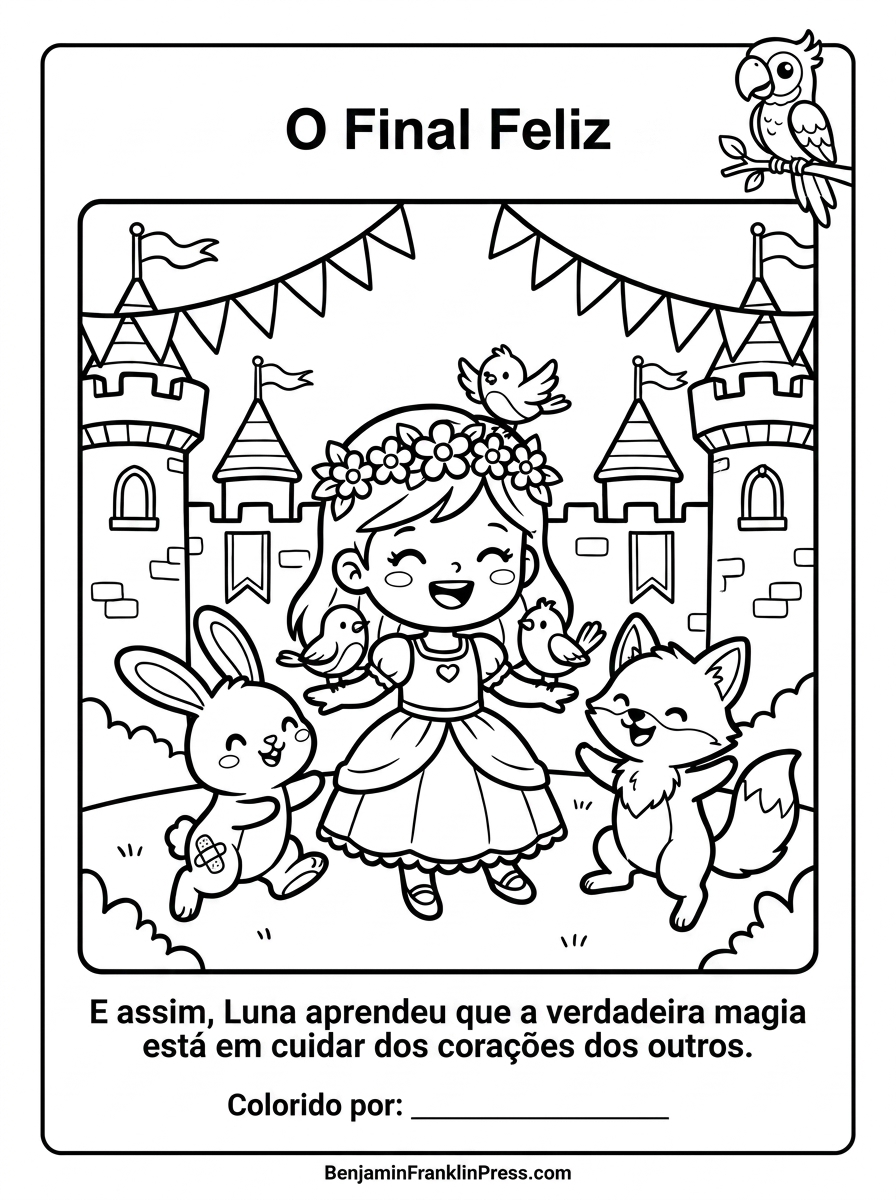 Celebrando com animais amigos em frente ao castelo, com bandeirinhas festivas.