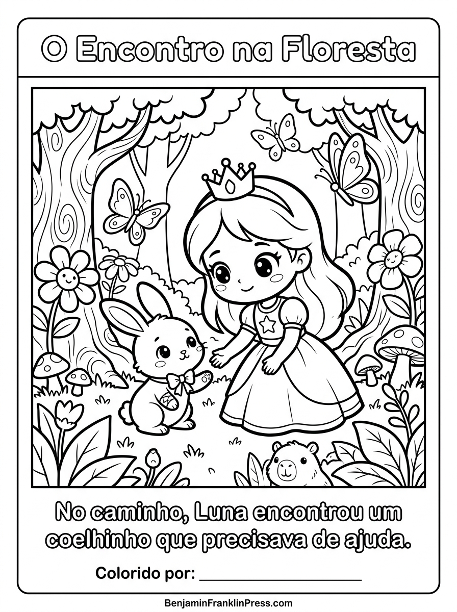 Desenho para colorir da princesa na floresta encantada ajudando um coelhinho ferido, cercada de árvores e borboletas.