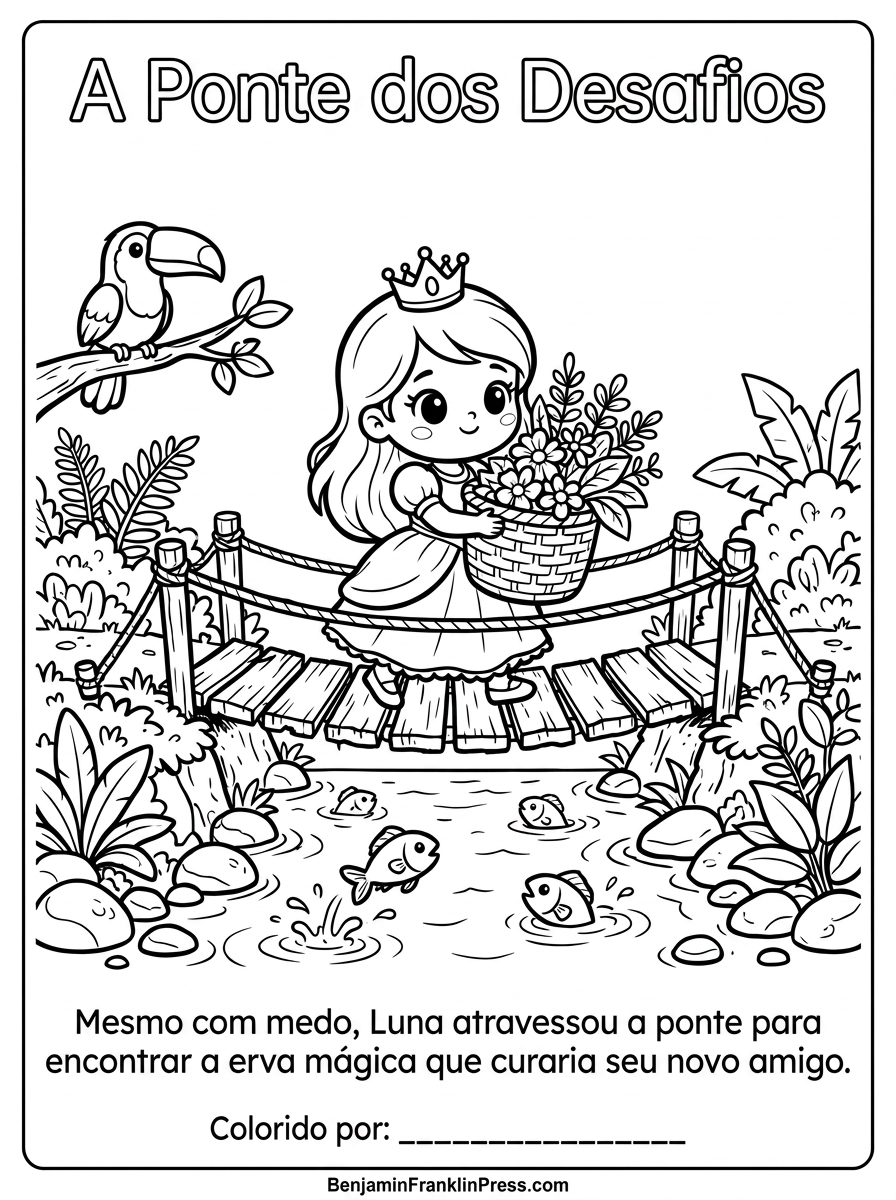 Desenho para colorir da princesa atravessando uma ponte de madeira sobre o rio, carregando uma cesta de flores.