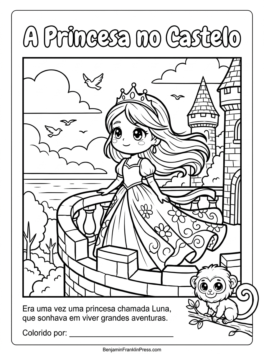 Desenho para colorir da princesa Luna na varanda do castelo, com vestido florido e coroa, ideal para atividades infantis.
