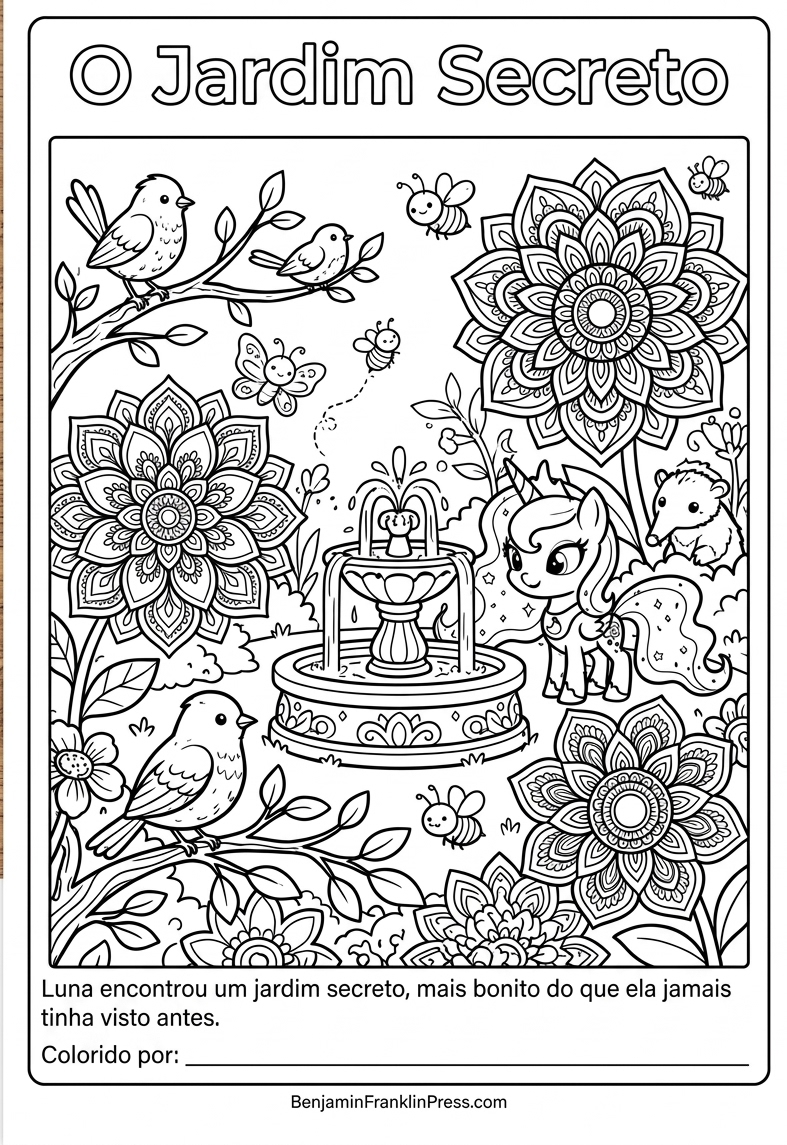 Desenho para colorir da princesa em um jardim secreto cheio de flores grandes, fonte de água e pássaros coloridos.
