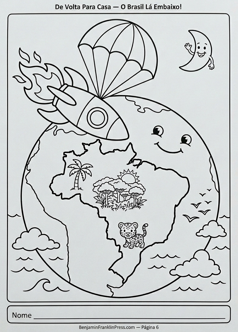 Retornando à Terra e o mapa do Brasil visto do espaço, com palmeira, floresta amazônica e onça-pintada esperando a chegada — desenho infantil em preto e branco.