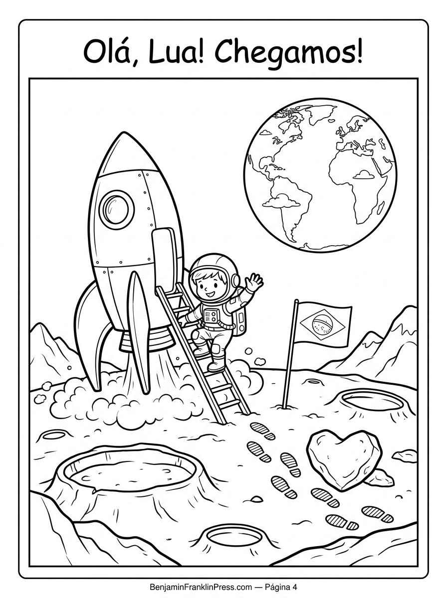 Página para colorir com foguete pousado na Lua, astronautinha descendo a escadinha, bandeira do Brasil fincada no solo lunar e a Terra visível ao fundo — desenho em preto e branco para crianças.