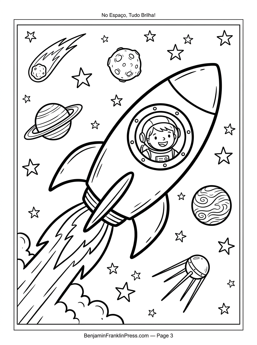 Desenho infantil de foguete para colorir viajando pelo espaço com estrelas, planetas, cometa e astronautinha na janela — ilustração em preto e branco para colorir com lápis de cor.