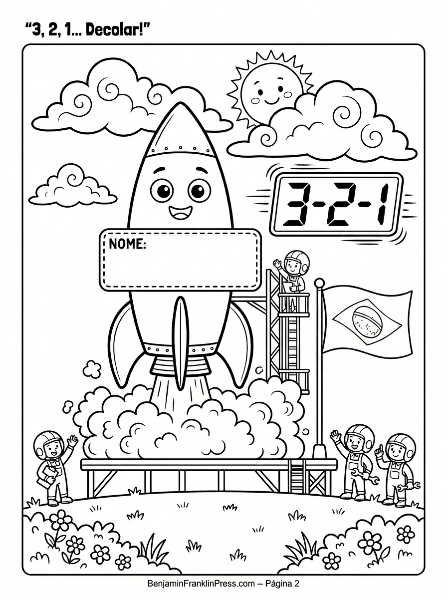Desenho de foguete para colorir com plataforma de lançamento, fumaça, bandeira do Brasil e contador regressivo — atividade infantil em preto e branco para crianças de 4 a 8 anos.