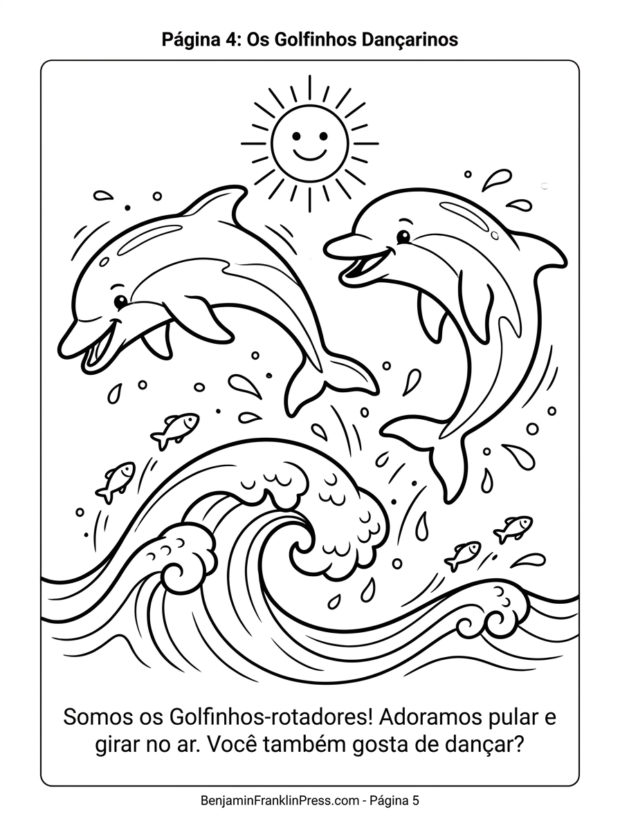 Desenho infantil para colorir com dois golfinhos-rotadores saltando juntos sobre uma onda, sol sorridente ao fundo, ilustração em preto e branco para crianças