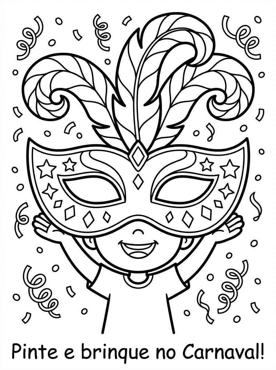 Máscara para colorir de Carnaval veneziana com plumas em leque, estrelas e confetes — desenho infantil em preto e branco