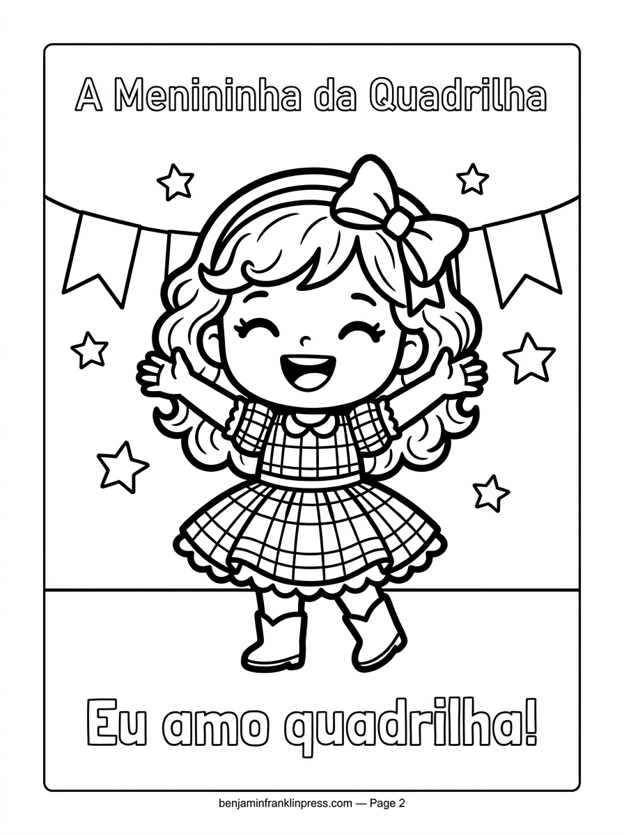 Desenho de quadrilha para colorir fácil para crianças com uma menininha caipira de braços abertos, vestido xadrez rodado, tranças e laço no cabelo, pronta para dançar na festa junina