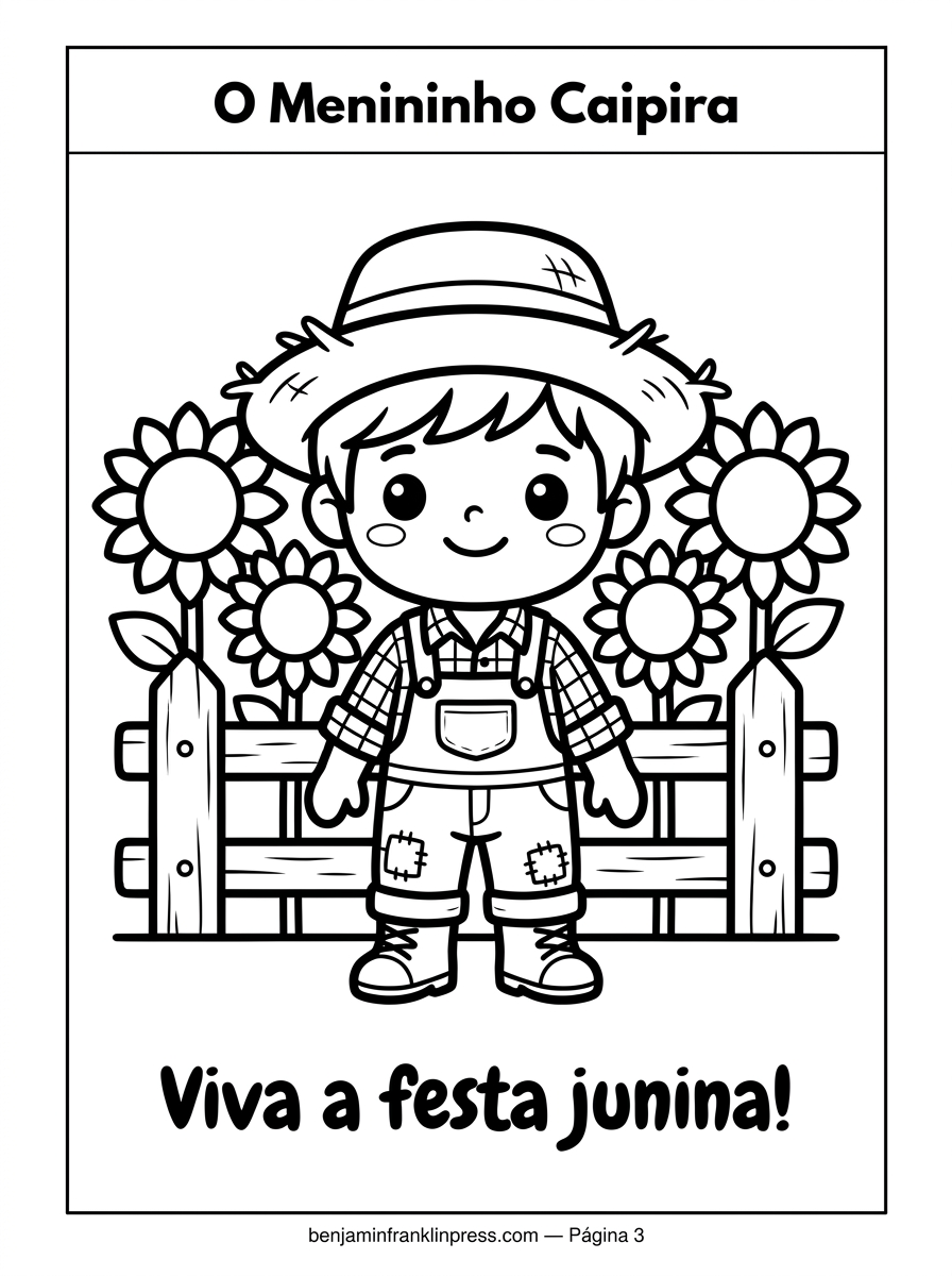 Desenho de menino caipira para colorir com chapéu de palha, camisa xadrez, calça com remendos e suspensórios, segurando o chapéu no ar em pose de dança de quadrilha junina