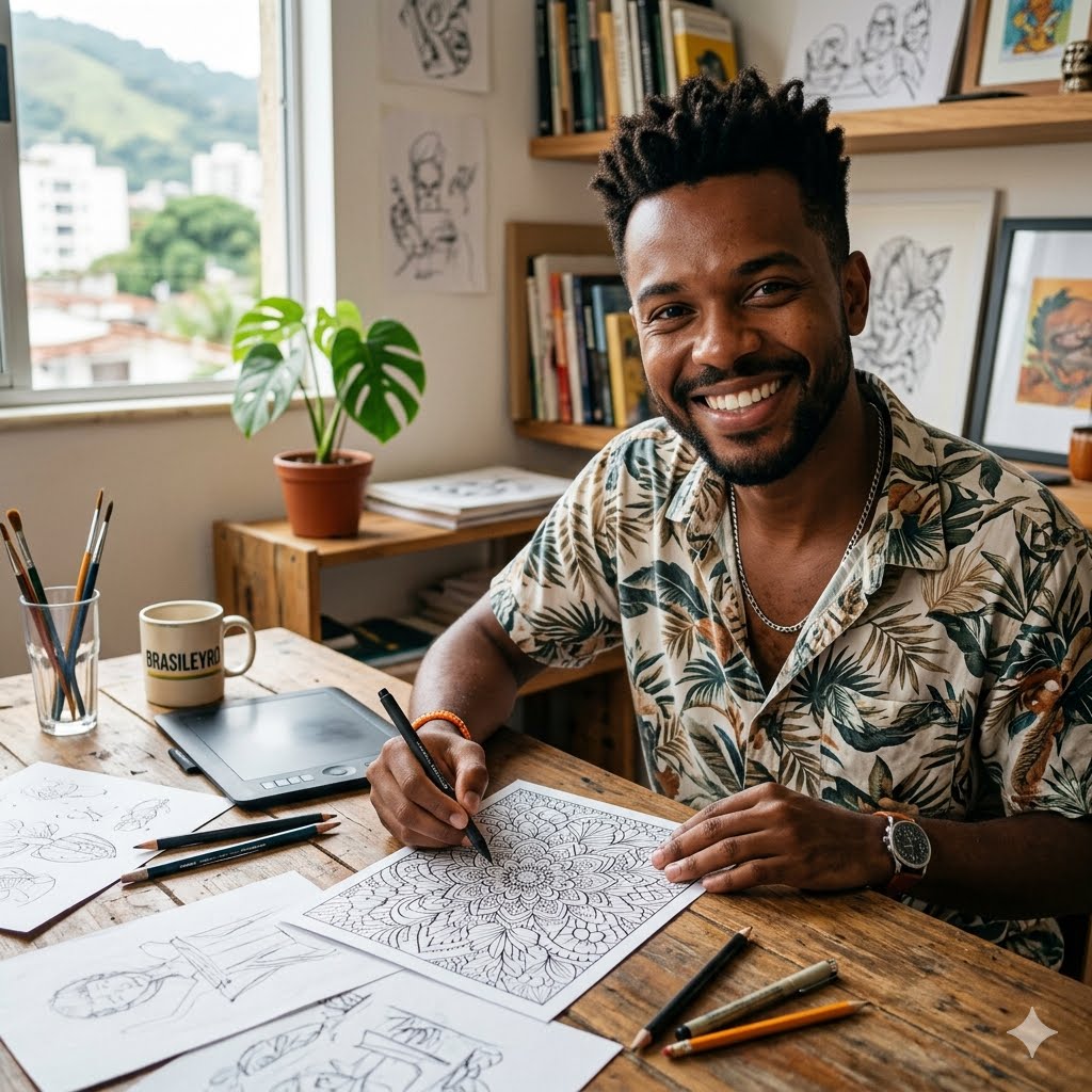 Miguel Enzo é um homem simpático e criativo com um profundo amor pela cultura local. Apesar da sua agenda preenchida como designer gráfico, ele sempre arranja tempo para o seu principal hobby: desenhar ilustrações detalhadas em preto e branco para páginas de colorir. Para Miguel, a arte não se resume apenas ao resultado final colorido. Trata-se também de criar um espaço para que outros possam colorir o seu mundo.