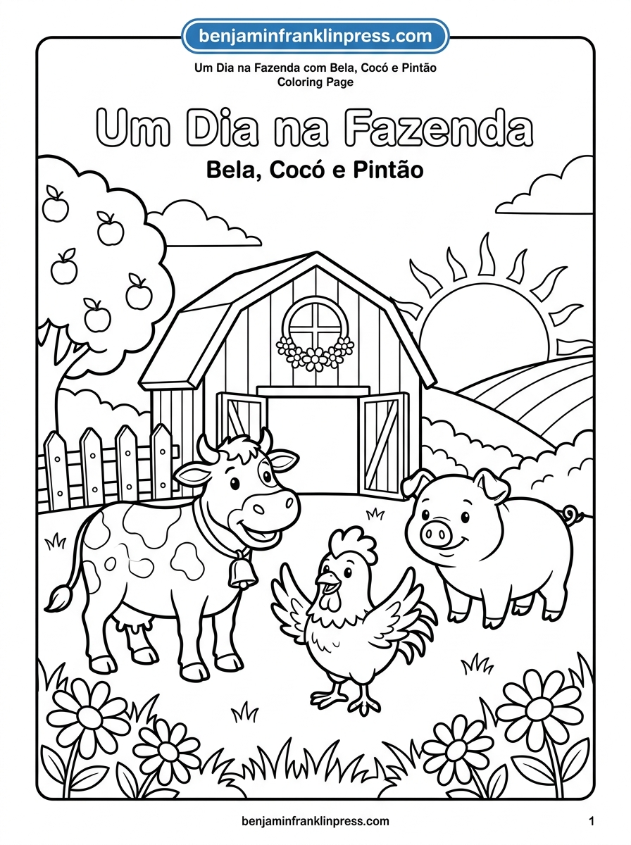 Desenho para colorir de animais da fazenda com vaca, galinha e porco em frente ao celeiro ao amanhecer