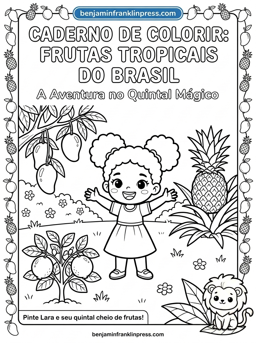 Desenho para colorir de frutas tropicais brasileiras com menina cercada de manga, abacaxi e goiaba no quintal