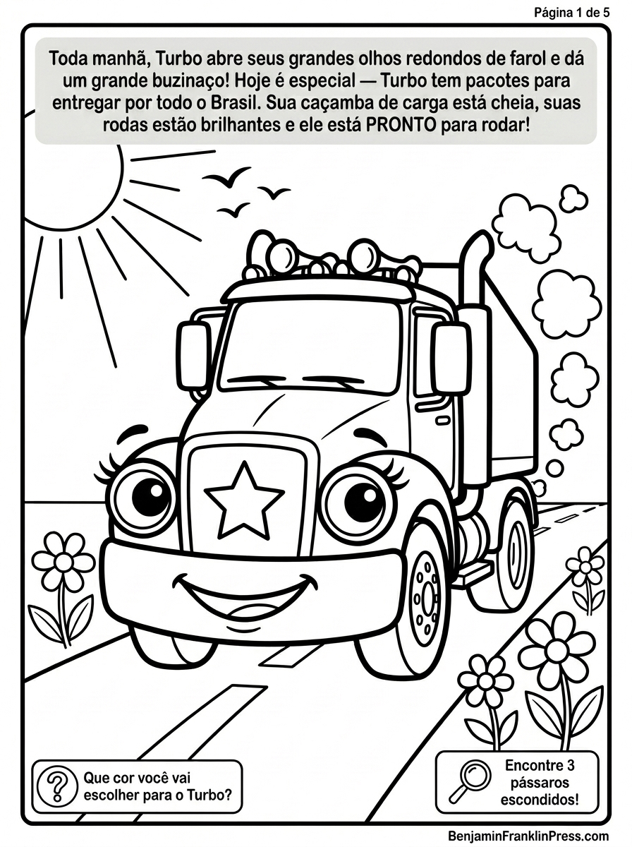Desenho de caminhão para colorir visto de frente com faróis expressivos, para-choque sorridente e sol radiante ao fundo. Atividade infantil para imprimir.