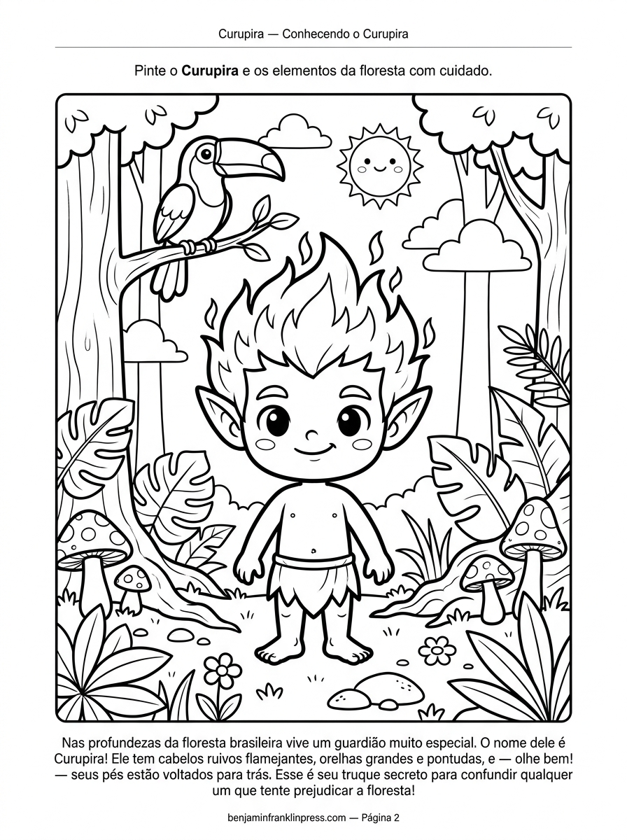 Desenho do Curupira para colorir em preto e branco com pés ao contrário, cabelos de fogo e tucano, rodeado por árvores e raízes da floresta amazônica