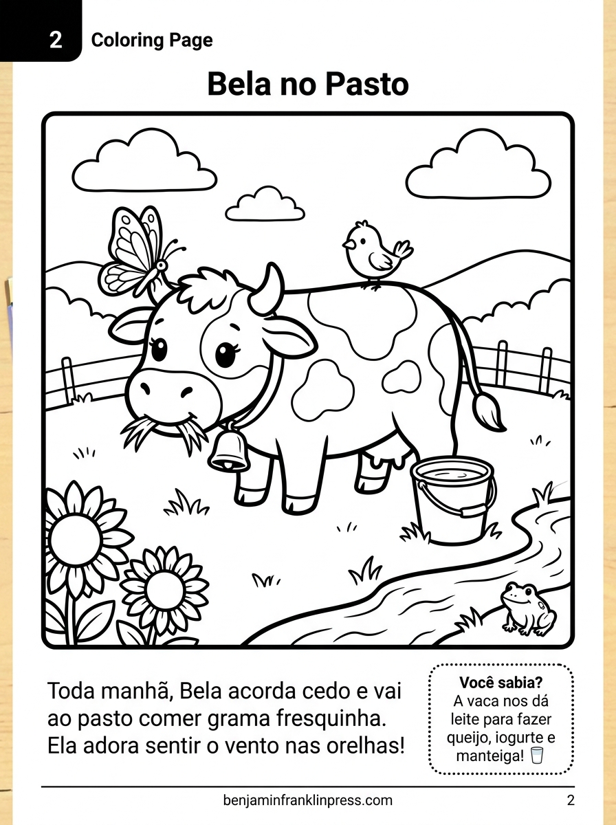 Desenho para colorir de vaca no pasto com borboleta, pássaro e flores — atividade infantil de animais da fazenda