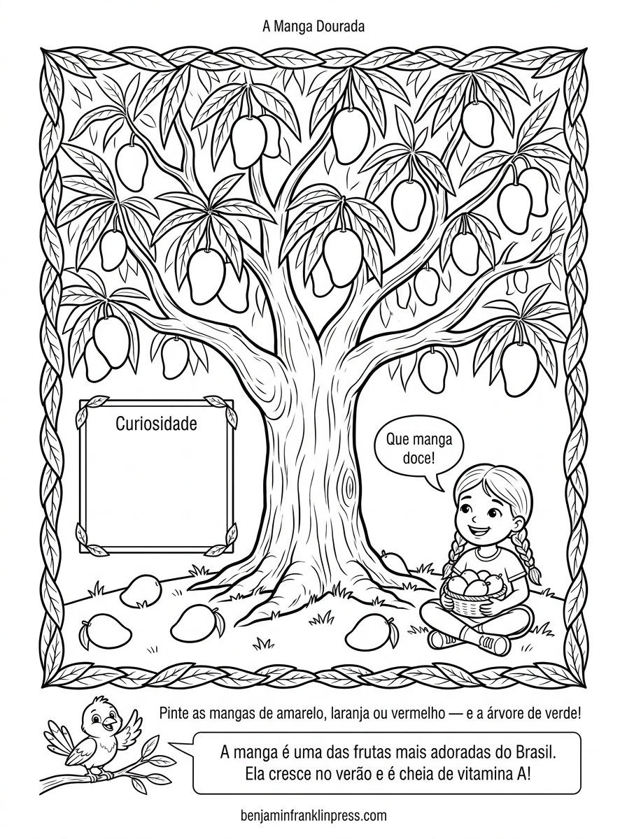 Desenho para colorir de mangueira com frutas em diferentes estágios de maturação e manga cortada ao meio mostrando o caroço