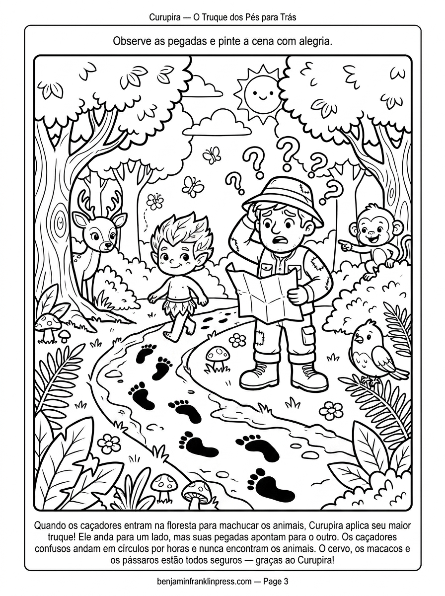 Desenho do Curupira para colorir mostrando pegadas ao contrário em trilha da mata, com caçadores confusos ao fundo e uma cerva se escondendo entre as árvores
