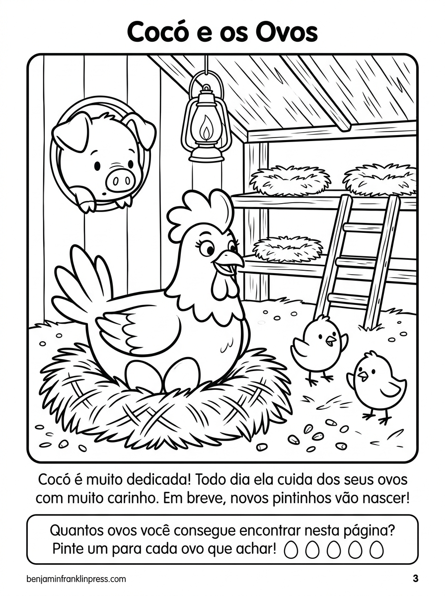 Desenho para colorir de galinha no ninho com ovos e pintinhos dentro do galinheiro — atividade educativa infantil