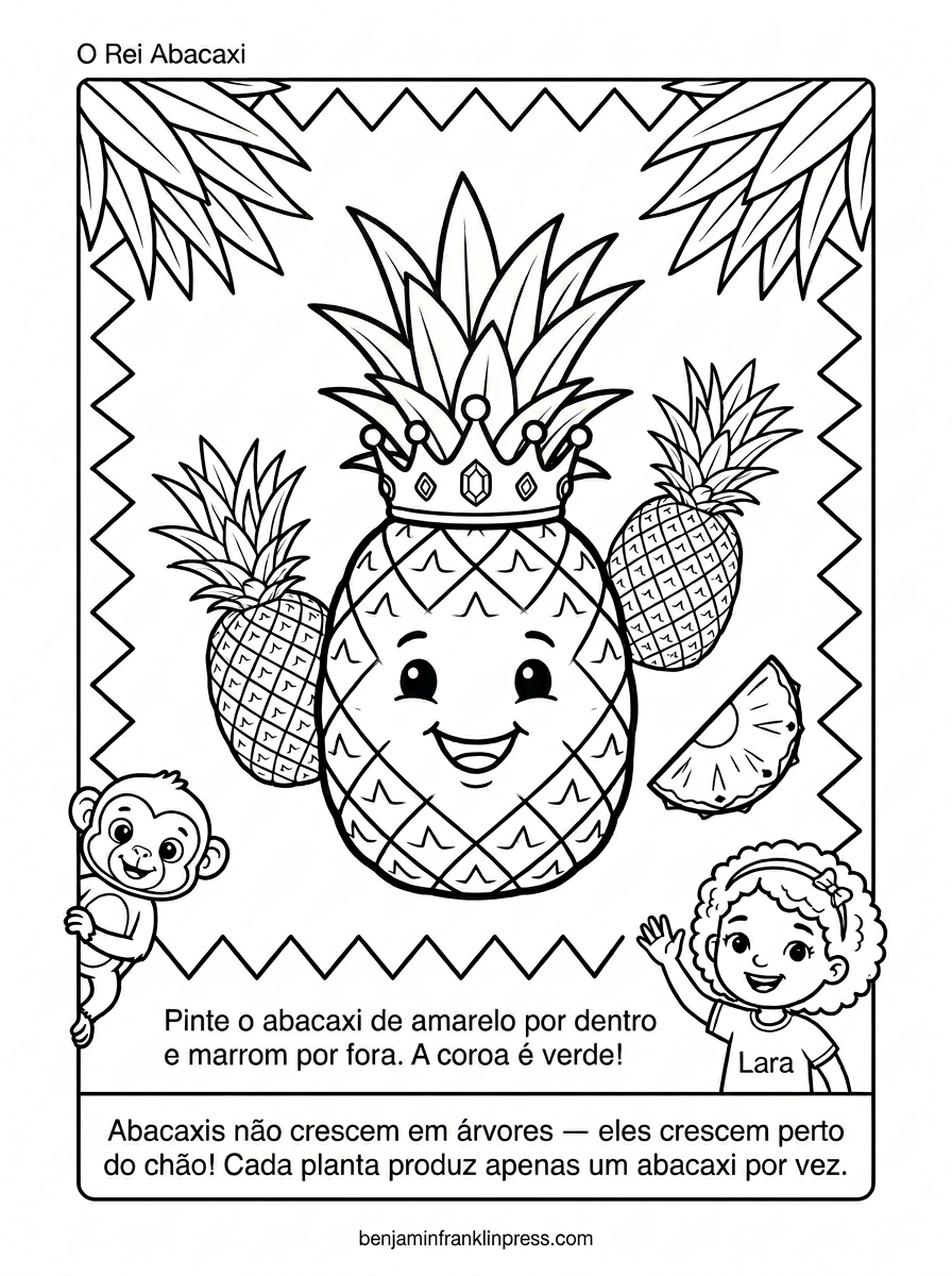 Desenho para colorir de abacaxi gigante com rosto sorridente e coroa, plantas de abacaxi ao fundo e fatia em corte transversal