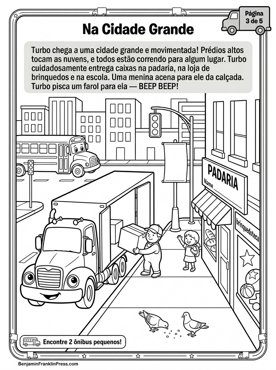 Desenho de caminhão para colorir em rua movimentada com padaria, semáforo, pedestres e brinquedoteca. Atividade infantil sobre cidadania e vida urbana.