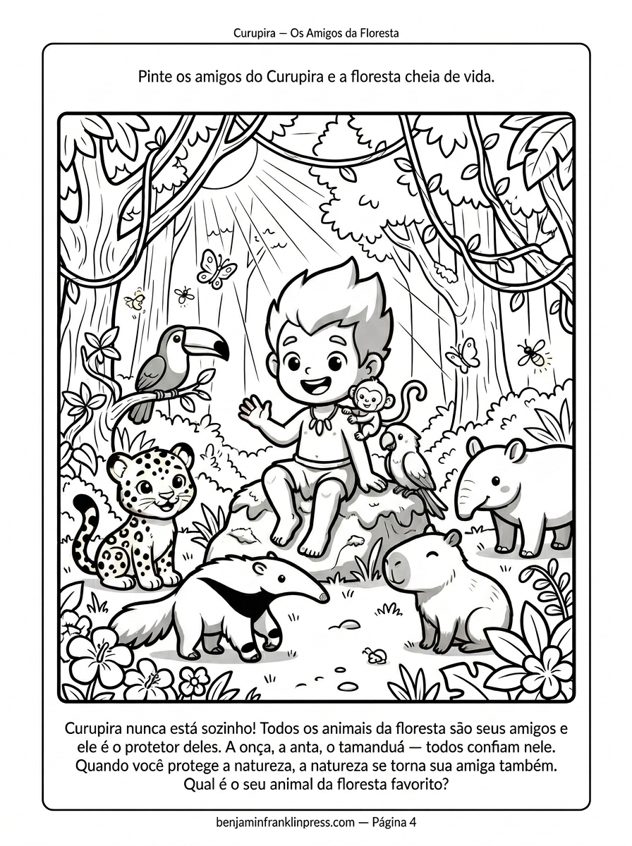 Desenho para colorir do Curupira sentado em clareira amazônica rodeado de animais nativos brasileiros como onça-pintada, arara, tamanduá e capivara