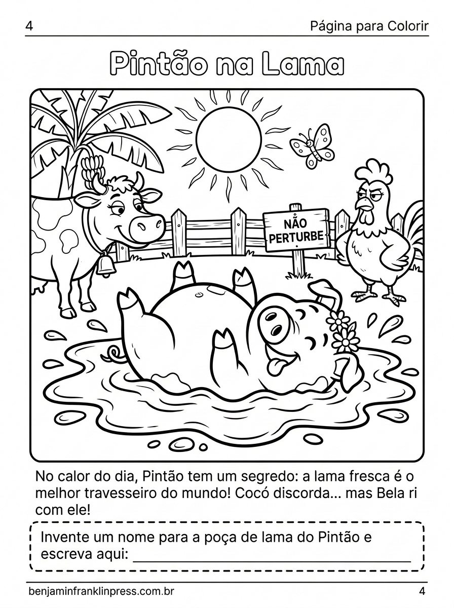 Desenho para colorir de porco feliz na lama com vaca e galinha ao redor — página divertida de animais da fazenda para crianças