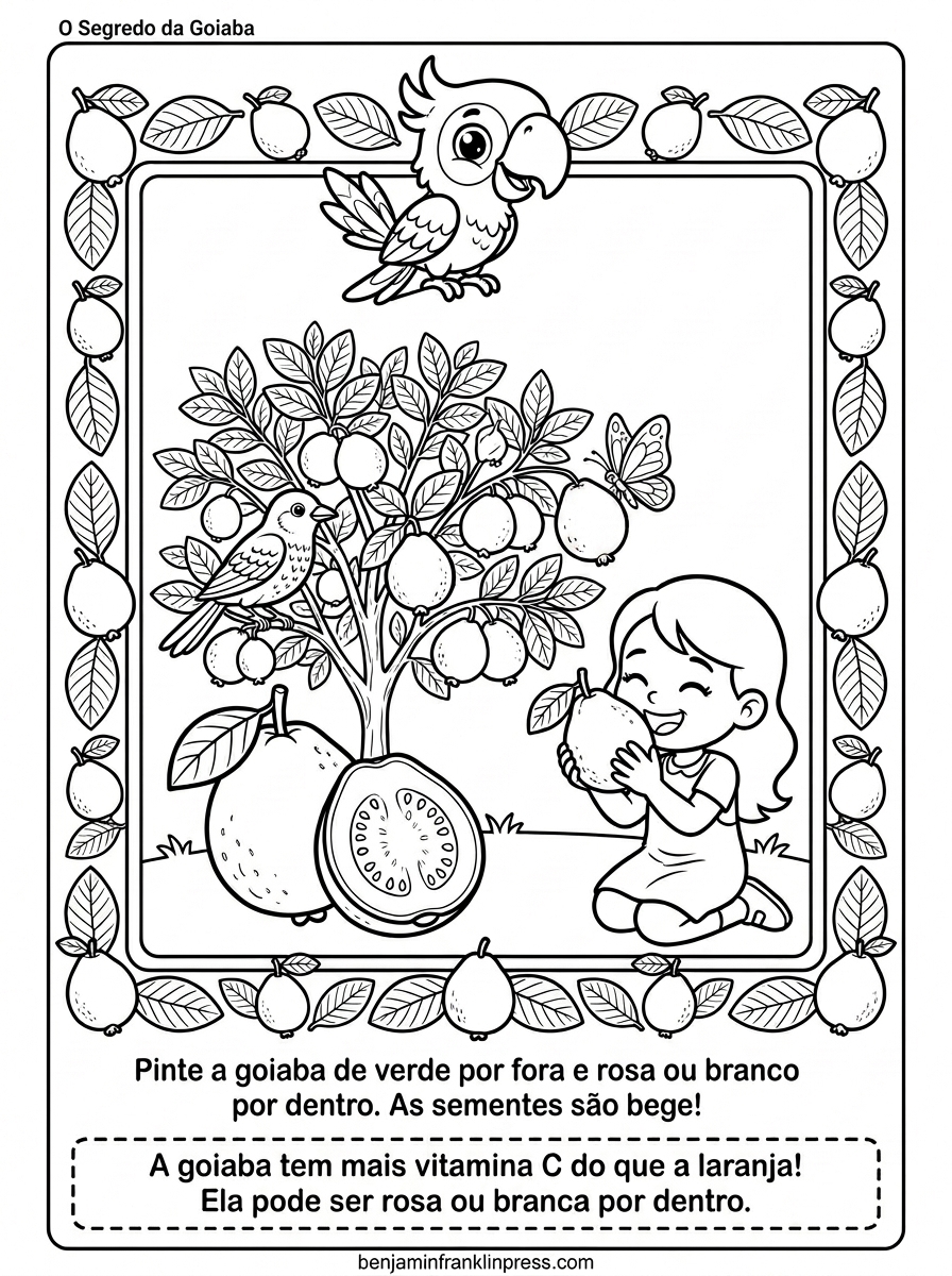 Desenho para colorir de goiabeira com frutos inteiros e goiaba cortada ao meio revelando sementes, sabiá no galho e borboleta ao lado