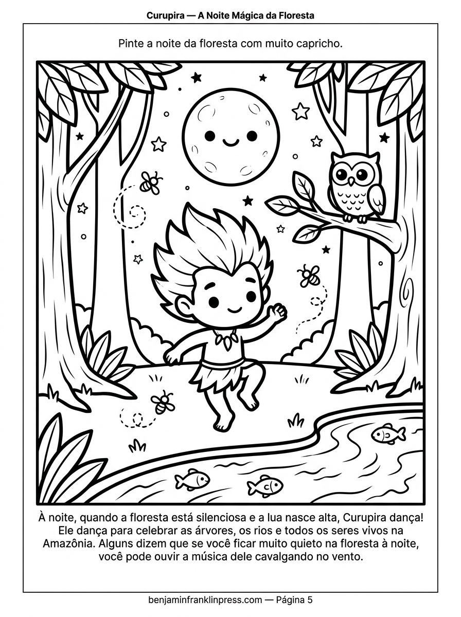 Desenho do Curupira para colorir em cena noturna, dançando sob lua cheia com pirilampos ao redor, coruja em galho e rio refletindo o luar ao fundo da floresta