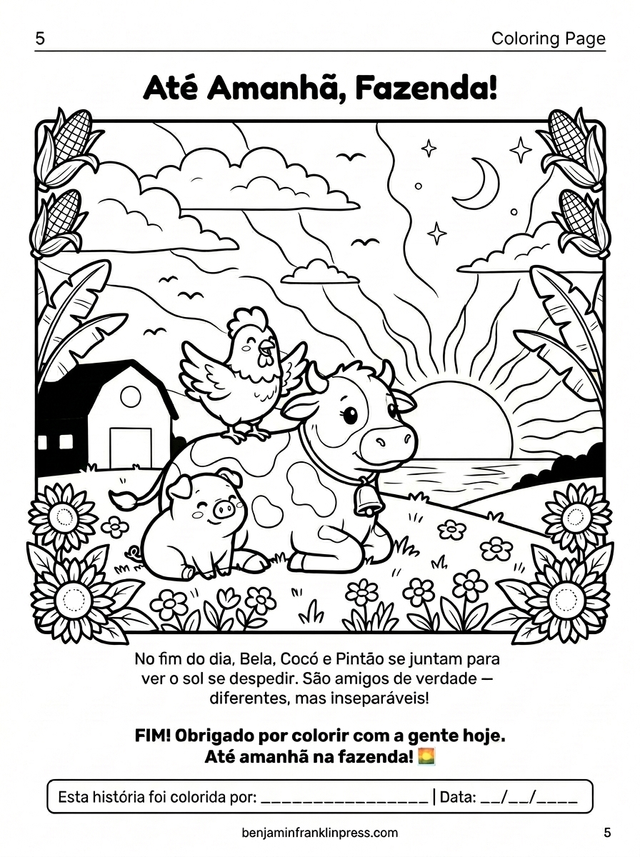Desenho para colorir de vaca, galinha e porco juntos ao pôr do sol na fazenda — página final de história infantil para colorir