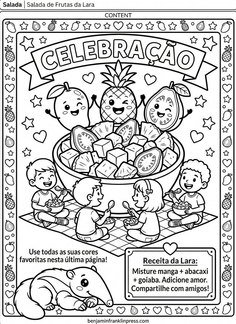 Desenho para colorir de crianças diversas compartilhando salada de frutas tropicais com manga, abacaxi e goiaba em tigela grande