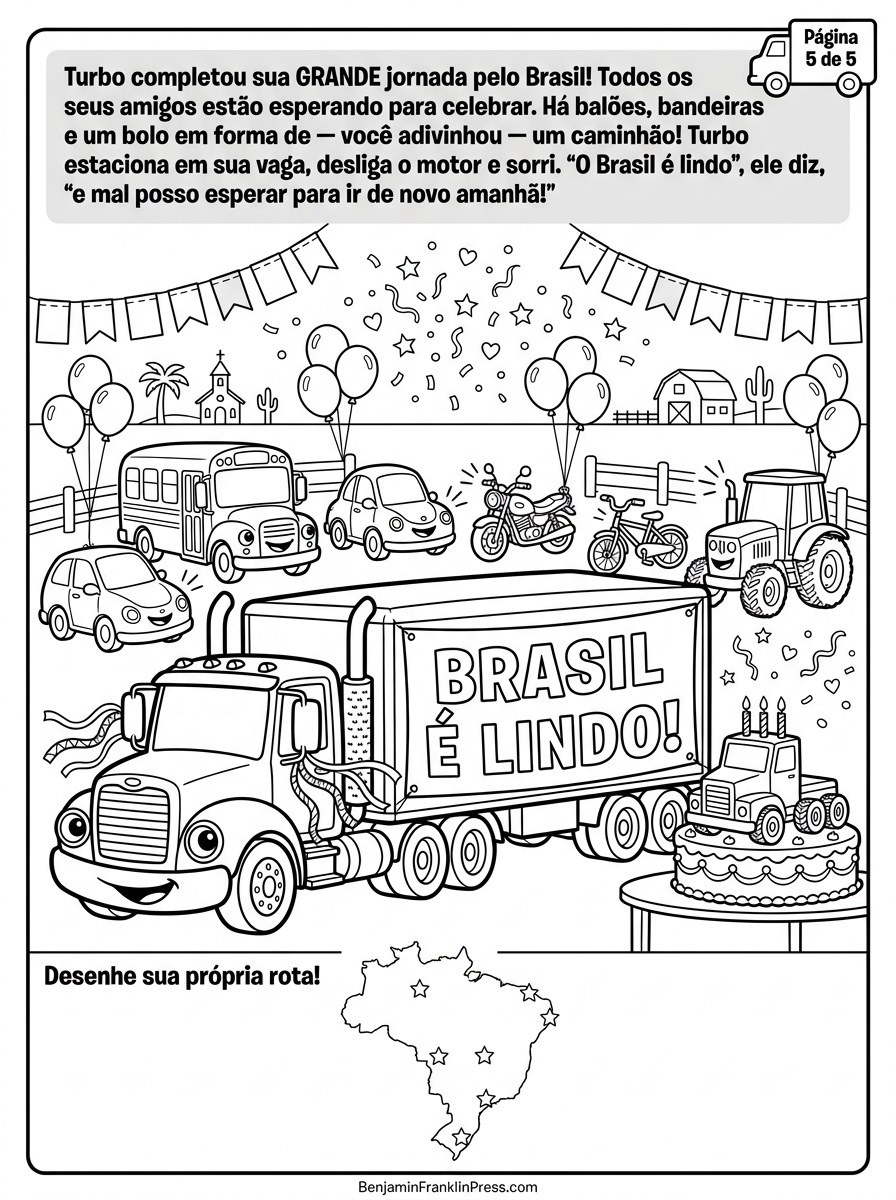 em festa com balões, bandeirinhas, bolo em formato de caminhão e mapa do Brasil no rodapé. Atividade infantil festiva para imprimir.