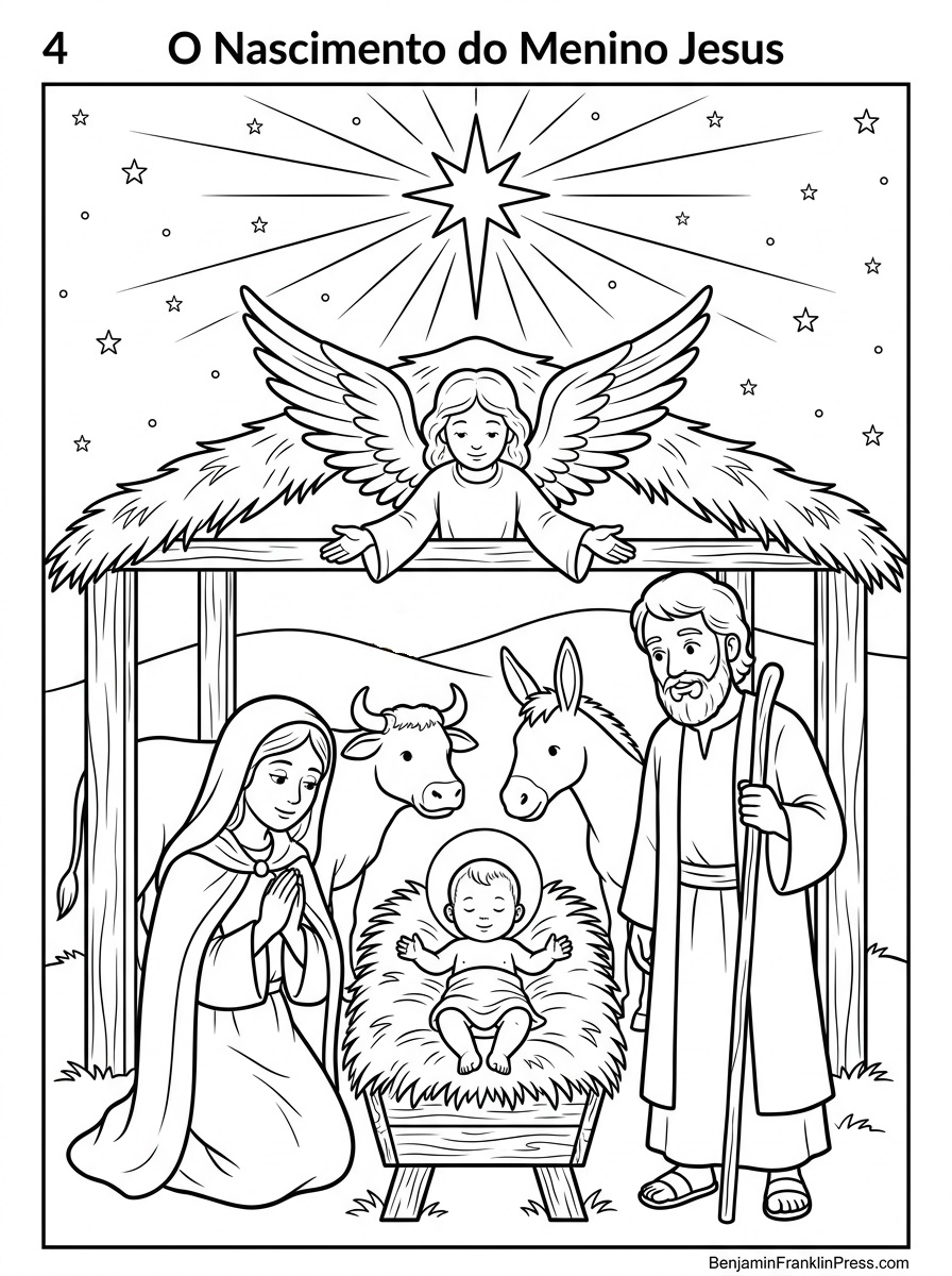 Desenho de natal para colorir com cena do presépio, Maria, José, Menino Jesus no berço, boi, jumento, anjo e estrela de Belém, ilustração infantil em preto e branco